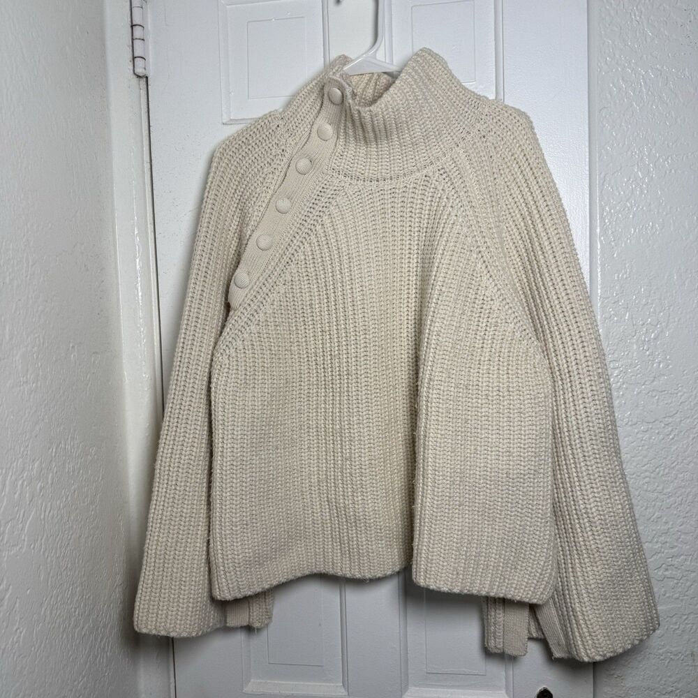 ZARA Cream Chunky Knit Turtleneck Sweater Button Shoulder Oversized Women M